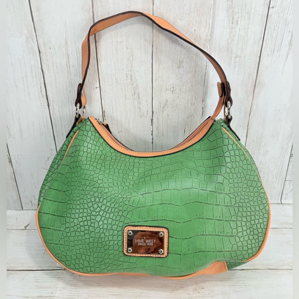 Trending Y2K Green And Tan Shoulder Bag Med Size Faux Leather Nine West 2000s